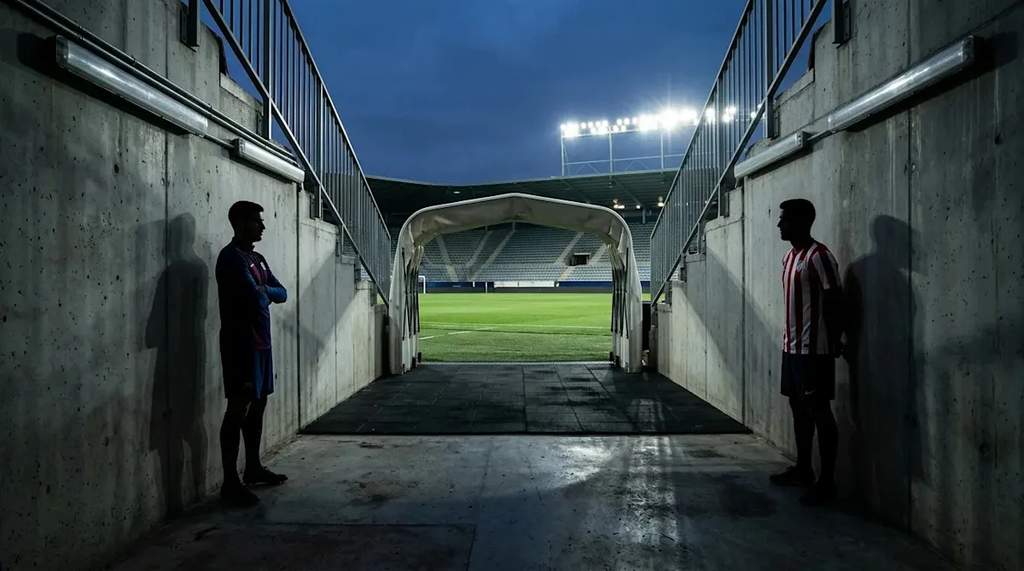 Direktur Olahraga Barcelona Deco memberikan keterangan pers di fasilitas latihan klub dengan latar belakang lambang resmi klub Catalan.